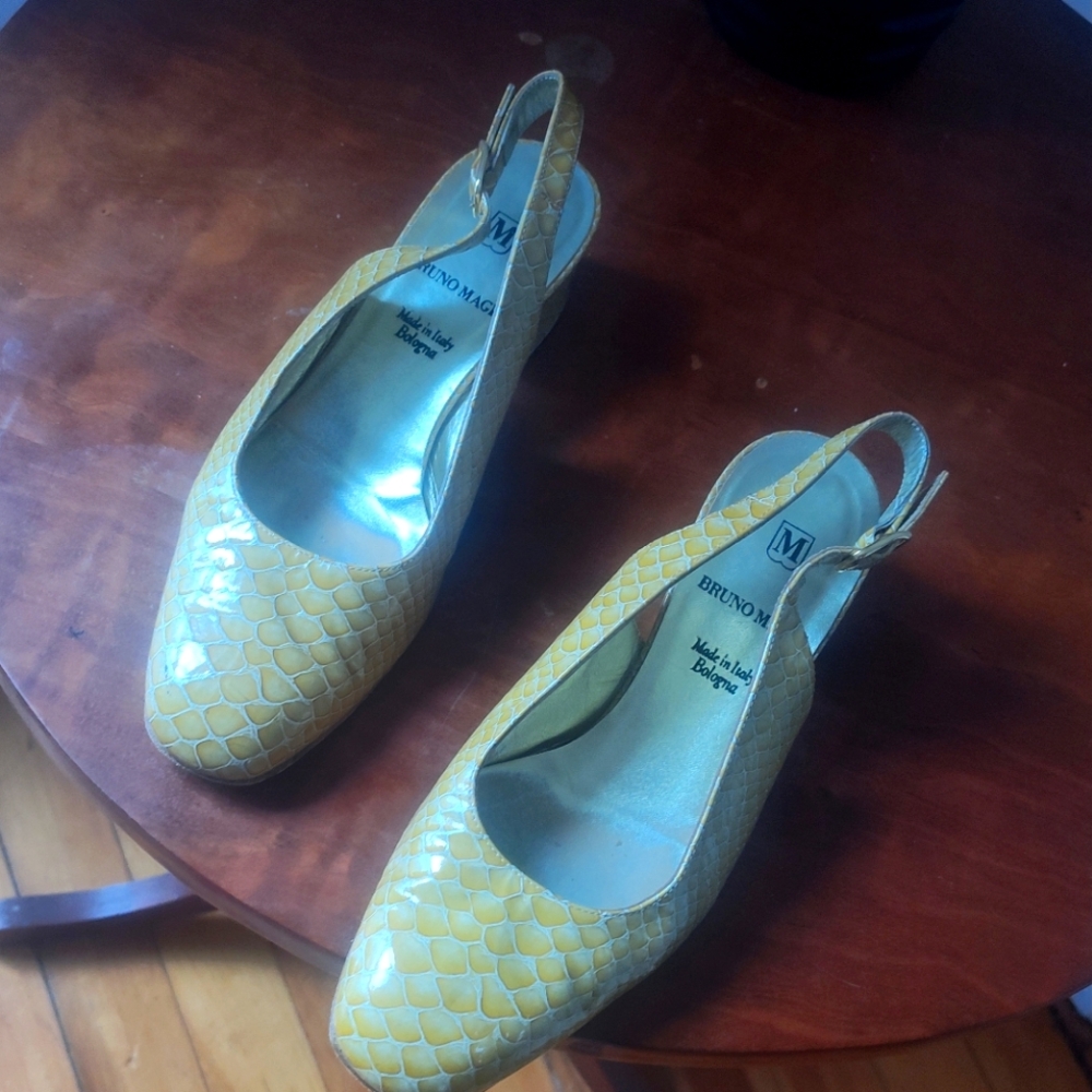 Bruno Magli Elsa block heel slingback pumps in mustard snake